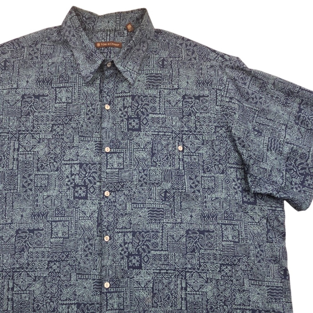 Tori Richard Mens 3XB Hawaiian Shirt Navy Tapa Print Cotton Lawn Made in USA